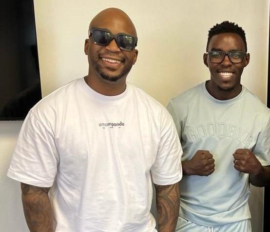 Naakmusiq pictured with Xolisani “Nomeva” Ndongeni ahead of The Last Sting of the Wasp farewell boxing event in East London.