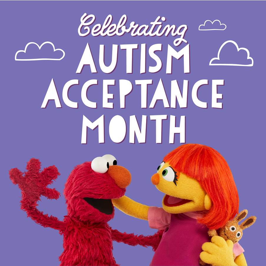 Elmo and Julia from Sesame Street celebrate Autism Acceptance Month, promoting inclusion, understanding and support for children with autism.