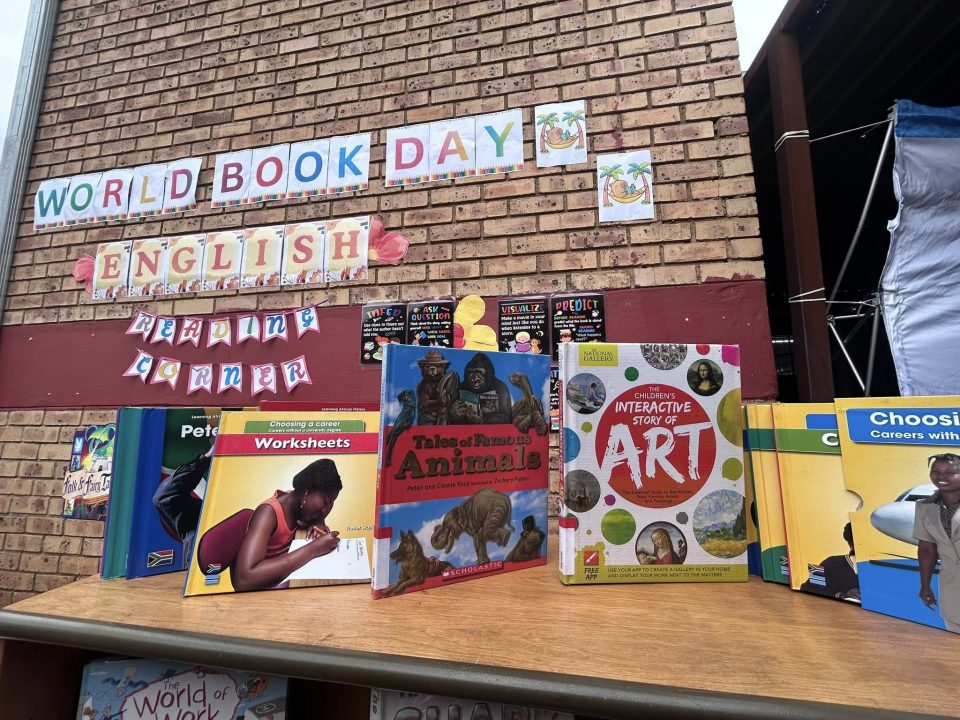 World Book Day display at Elsie Ngidi Primary School in Soweto featuring children’s books and a reading corner promoting literacy and storytelling.