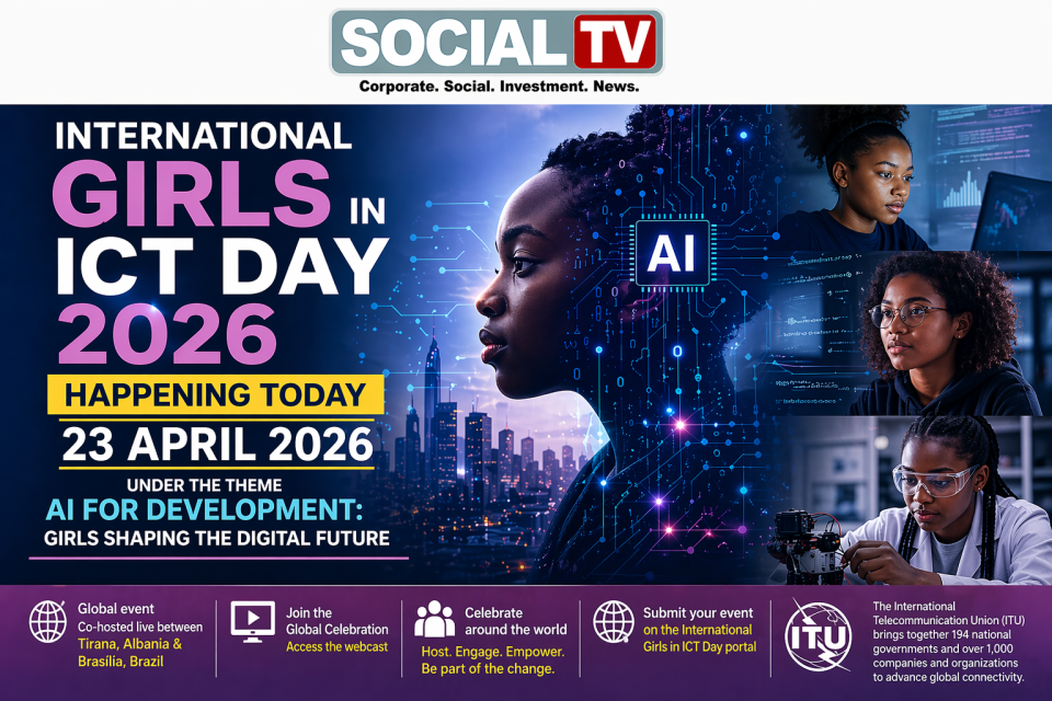 International Girls in ICT Day 2026 banner showing girls in technology and AI innovation with Social TV branding and “Happening Today” message