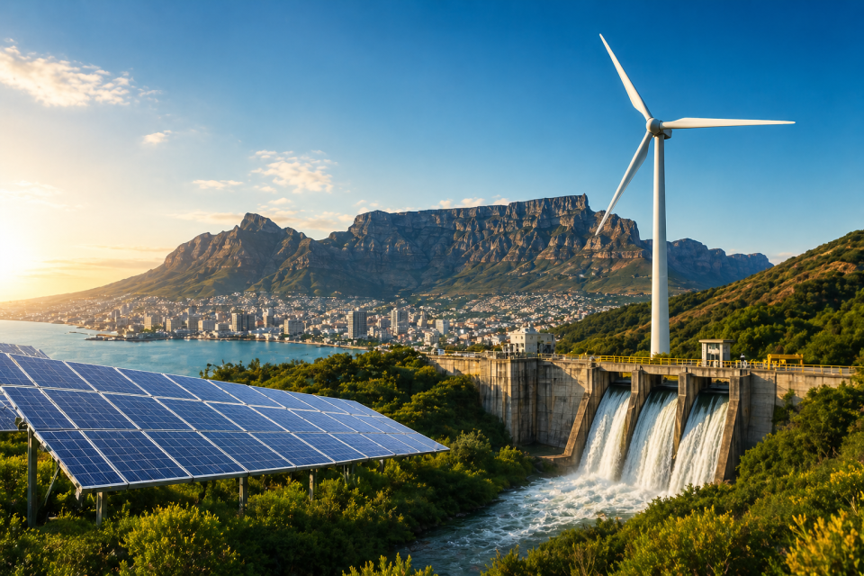 Wind turbine, hydro dam and solar panels overlooking Cape Town coastline with Table Mountain in the background