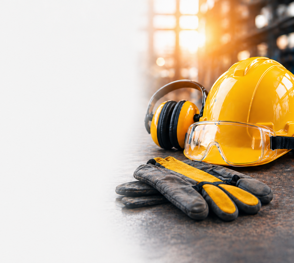 World Day for Safety and Health at Work banner with protective gear including helmet, gloves and safety goggles