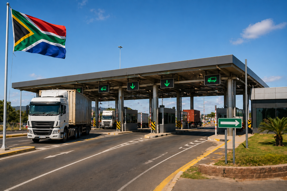 South African border checkpoint with trucks passing through inspection lanes