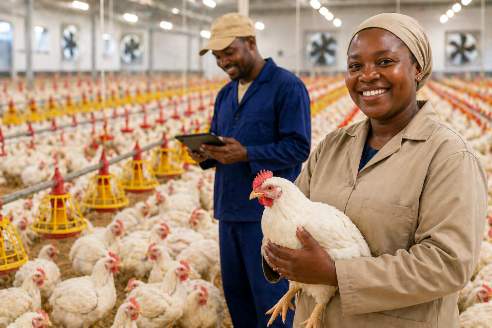 Poultry farmer holding a chicken inside a commercial broiler farm in South Africa