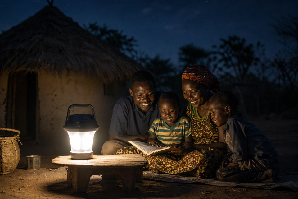 Family in a rural community reading together at night using an off-grid solar lamp for light