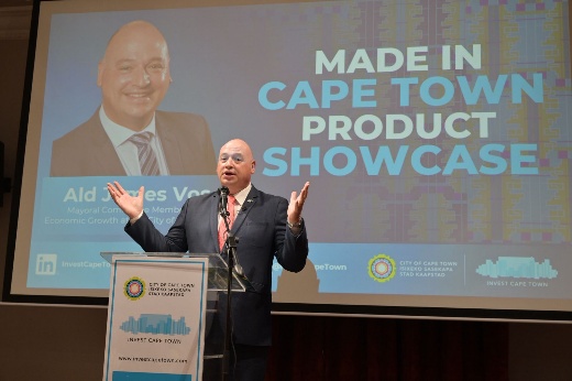 Alderman James Vos speaking at the Made in Cape Town Product Showcase event highlighting local innovation and entrepreneurship at the Invest Cape Town Centre.