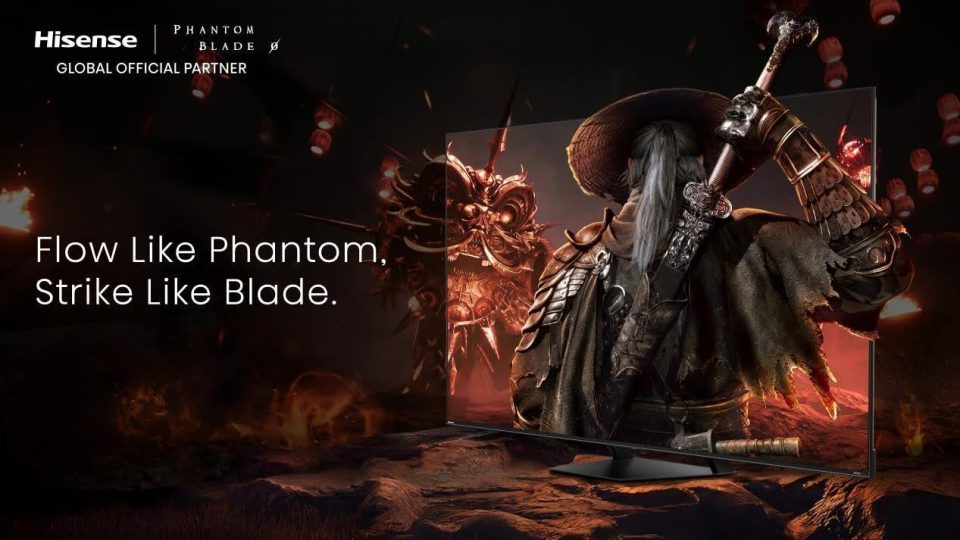 A gaming scene displayed on a Hisense TV shows a warrior holding a sword in a cinematic environment, highlighting immersive gameplay visuals.