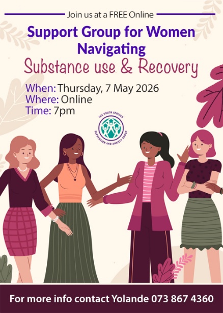 Poster promoting an online support group for women navigating substance use and recovery, showing four illustrated women and event details including date, time and contact information.