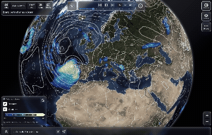 Interactive global weather visualisation showing atmospheric patterns and storm systems over Europe and the Atlantic Ocean.