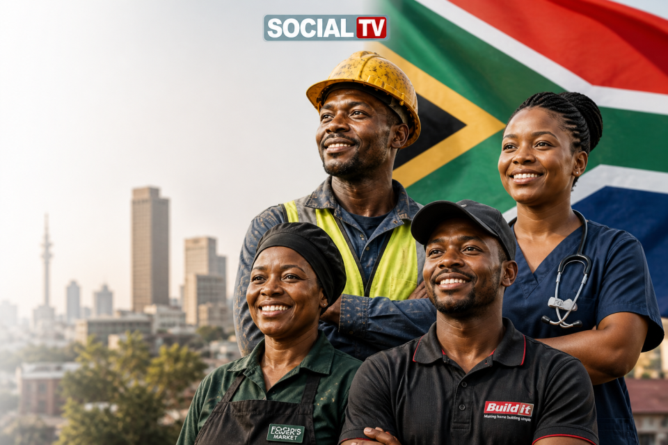 A diverse group of South African workers including a construction worker, healthcare professional and retail staff standing proudly with a South African flag in the background.
