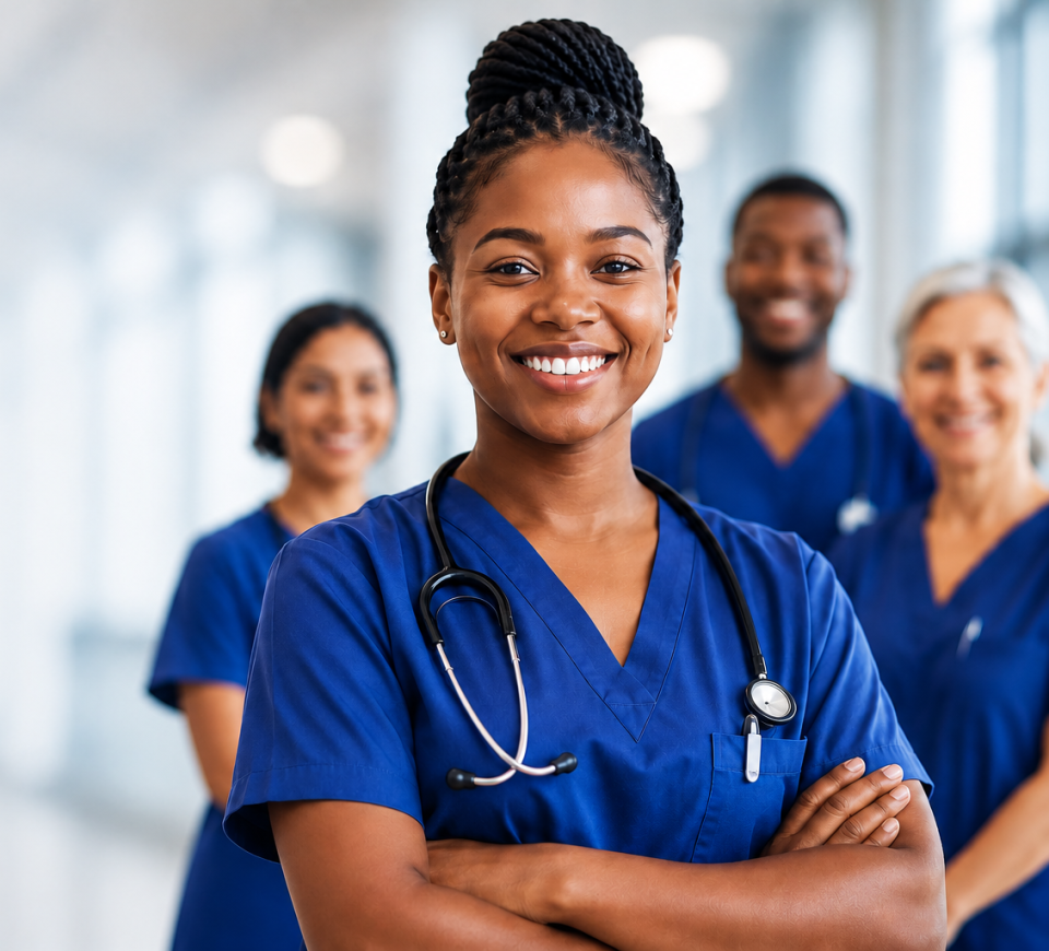Smiling nurses stand together in a hospital corridor representing healthcare teamwork and frontline medical care.