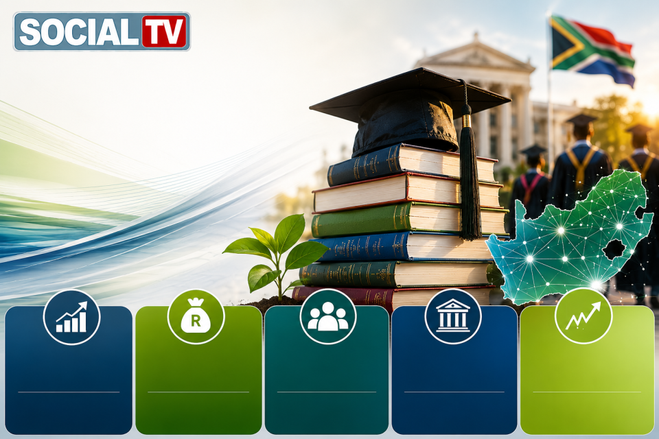 Graduation cap resting on a stack of books beside a young plant, with university graduates and a digital map of South Africa in the background, symbolising growth in higher education philanthropy.