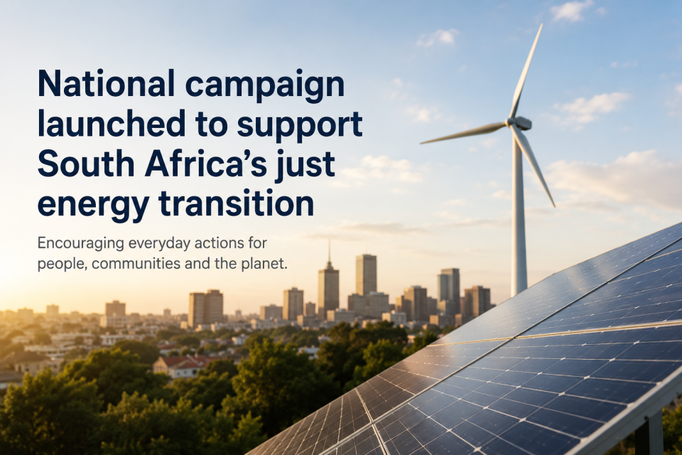 Solar panels and a wind turbine overlooking a South African city skyline during sunset, representing the country’s just energy transition and climate action efforts.