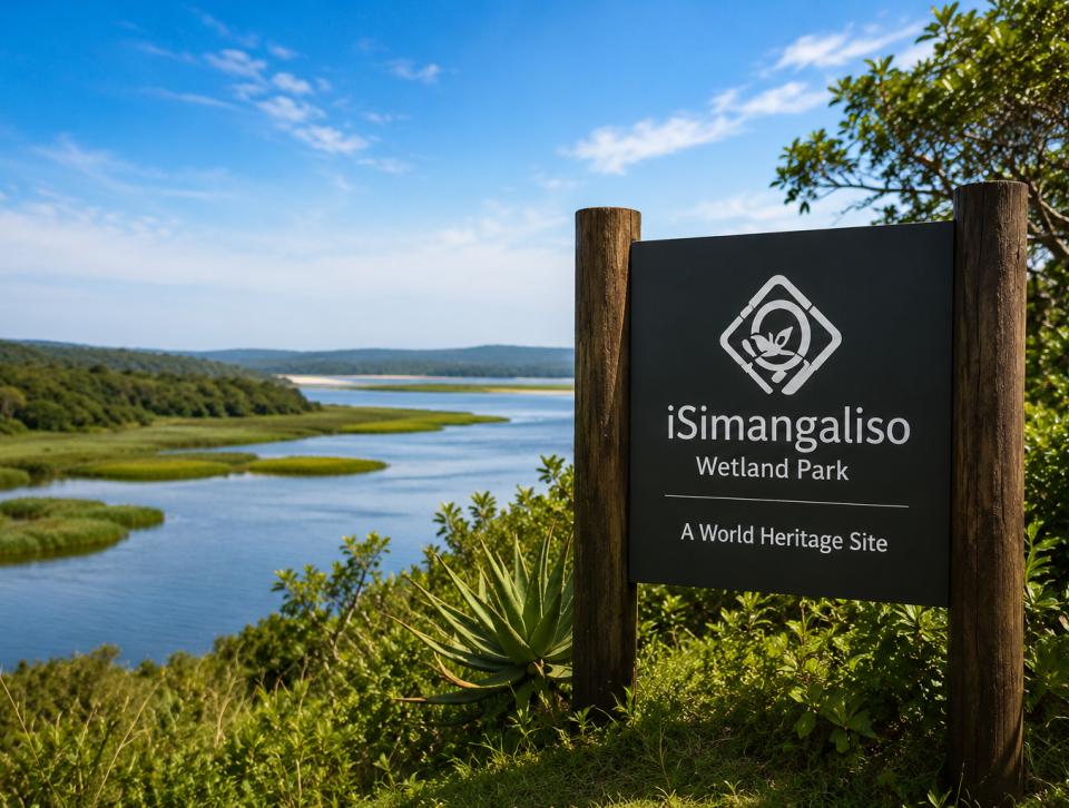 Scenic view of iSimangaliso Wetland Park with a river winding through lush wetlands beside a World Heritage Site sign.
