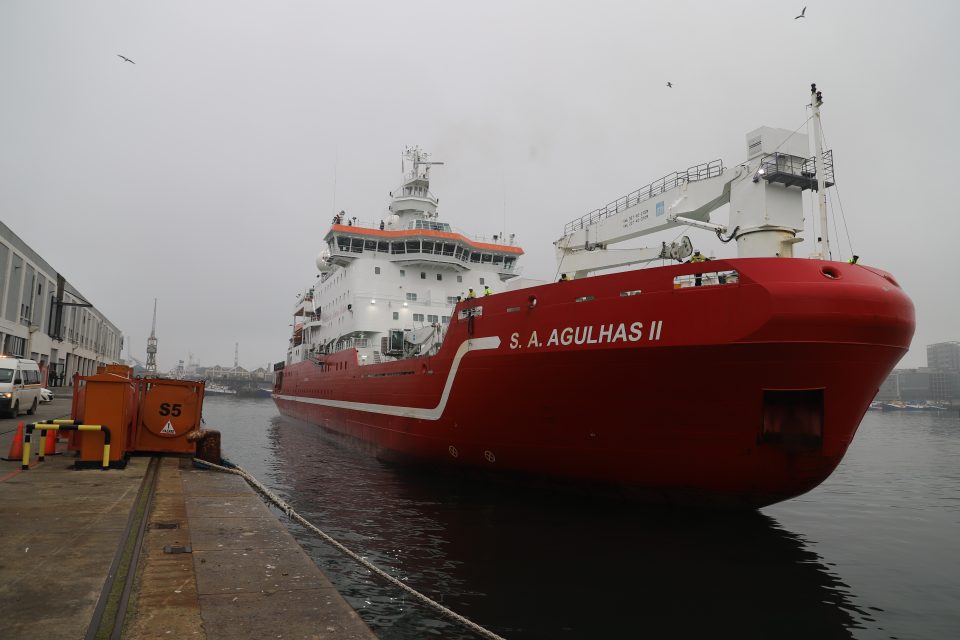 The SA Agulhas II polar research and supply vessel docked at Cape Town harbour following operations linked to the Marion Island relief mission.