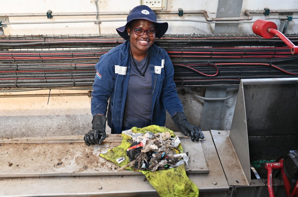 Worker at the Scottsdene Wastewater Treatment Works operating equipment linked to Cape Town’s treated effluent and water reuse system.