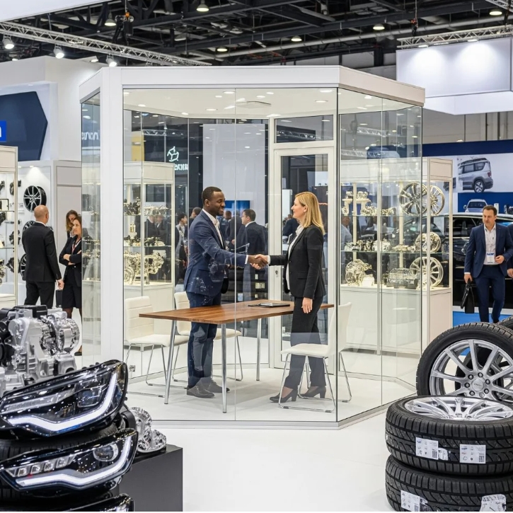 Automotive industry professionals shake hands inside an exhibition space during an automotive trade event featuring vehicle parts and aftermarket displays.