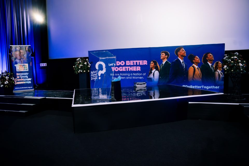 Stage setup at the What About The Boys 2 premiere event in Johannesburg.