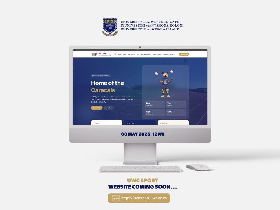 Promotional image showing the upcoming UWC Sport website displayed on a desktop computer screen with launch details and University of the Western Cape branding.