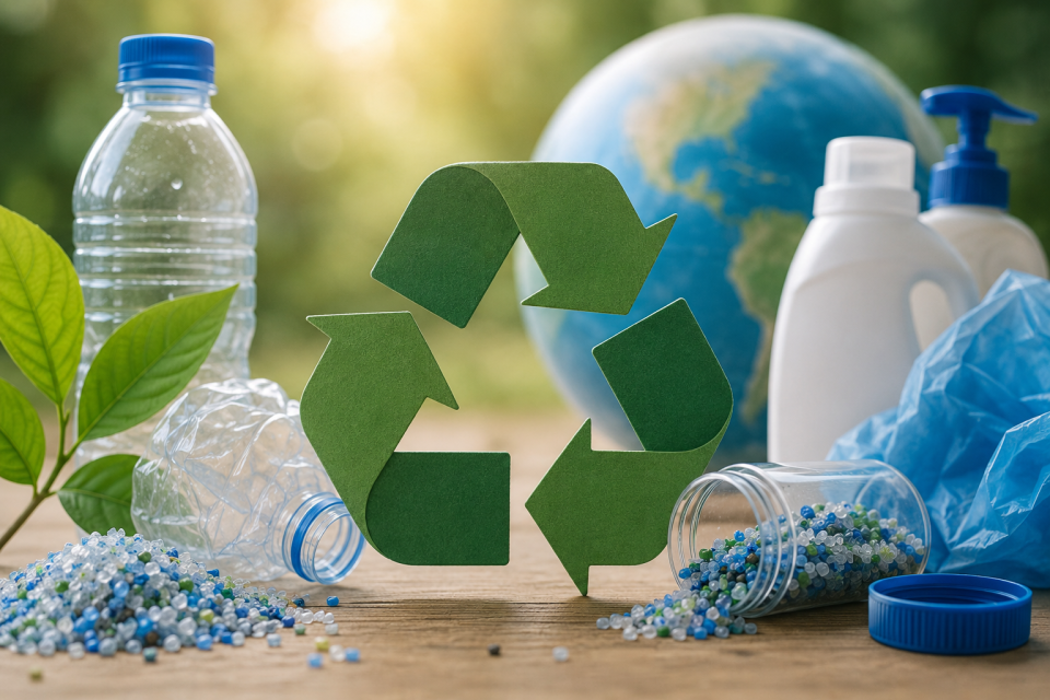Plastic bottles, recycled plastic pellets and reusable containers surround a recycling symbol, representing efforts to reduce plastic waste and build a circular economy.