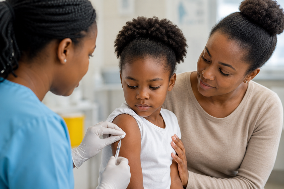 A healthcare worker administers a vaccination to a young child while a parent provides support during a clinic visit.