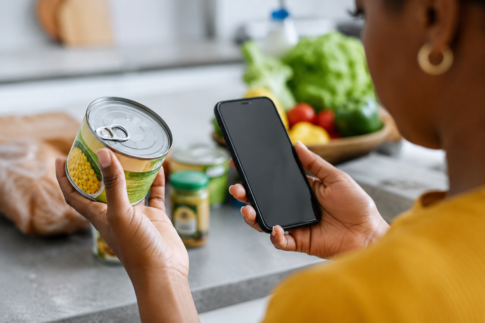 A person checks the label on a canned food product while holding a smartphone in a kitchen, highlighting consumer awareness and food safety verification.