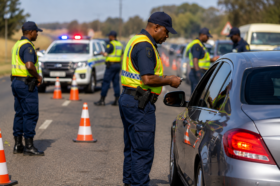 Law enforcement officers conduct a roadside operation, stopping vehicles and engaging motorists during a crime prevention and compliance checkpoint.