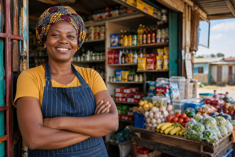 A female spaza shop owner stands confidently at the entrance of her community grocery store, surrounded by shelves of products and fresh produce, representing township entrepreneurship and small business growth.