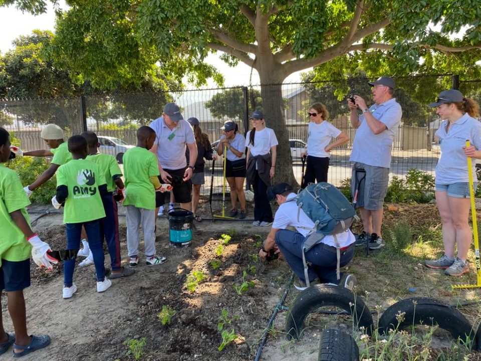 Amy Foundation youth and volunteers plant seedlings during a community gardening initiative promoting environmental awareness, skills development and community engagement.
