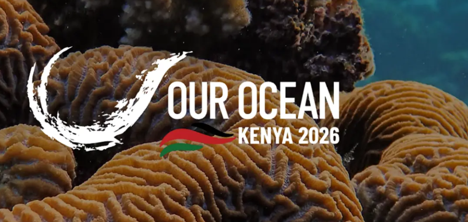 Coral reef ecosystem displayed alongside the Our Ocean Kenya 2026 conference branding, highlighting global efforts to protect marine resources and ocean sustainability.
