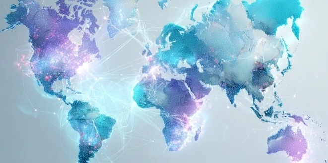 A digital world map connected by glowing data networks, representing artificial intelligence, genomic research, global health innovation and cross-border scientific collaboration.