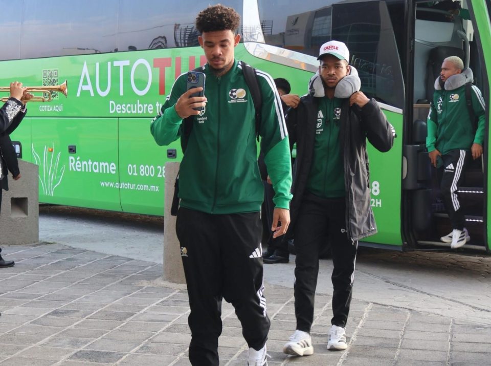 Bafana Bafana players arrive from the team bus wearing official travel gear ahead of the FIFA World Cup 2026, as they prepare for their opening match.