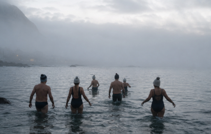 A group of swimmers wearing beanies wades into cold ocean water during an organised open-water swim on a misty morning.