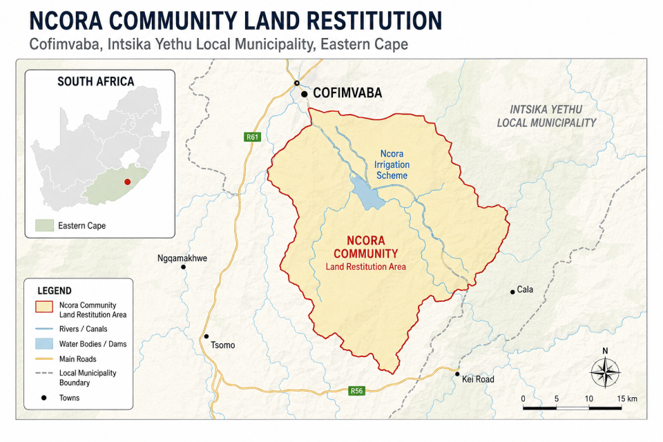 Infographic map showing the Ncora Community land restitution area near Cofimvaba in the Eastern Cape, highlighting the restored land boundary, irrigation scheme and surrounding roads.