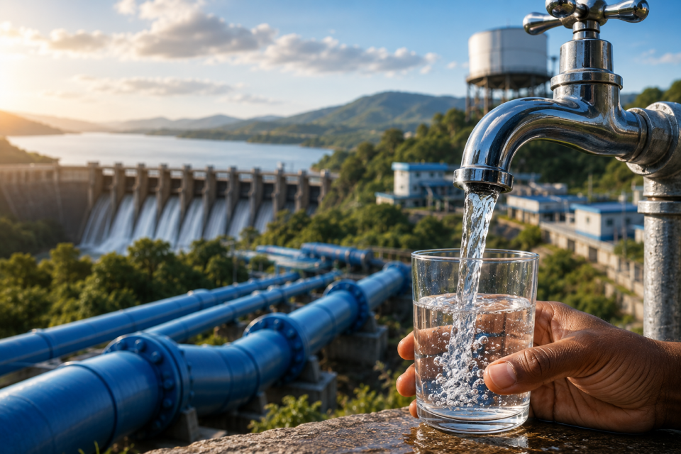 Clean drinking water flows from a tap into a glass, with a dam, water treatment infrastructure, pipelines and a water tower visible in the background, symbolising South Africa's water security and infrastructure investment.