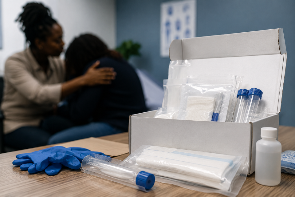 A rape evidence collection kit is displayed in the foreground while a healthcare professional provides compassionate support to a survivor in a private clinical setting.