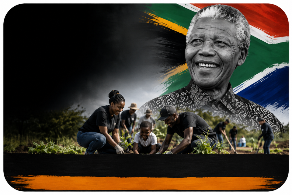 Mandela Month 2026 graphic featuring Nelson Mandela and South Africans volunteering in a community garden, highlighting action against poverty and inequity.