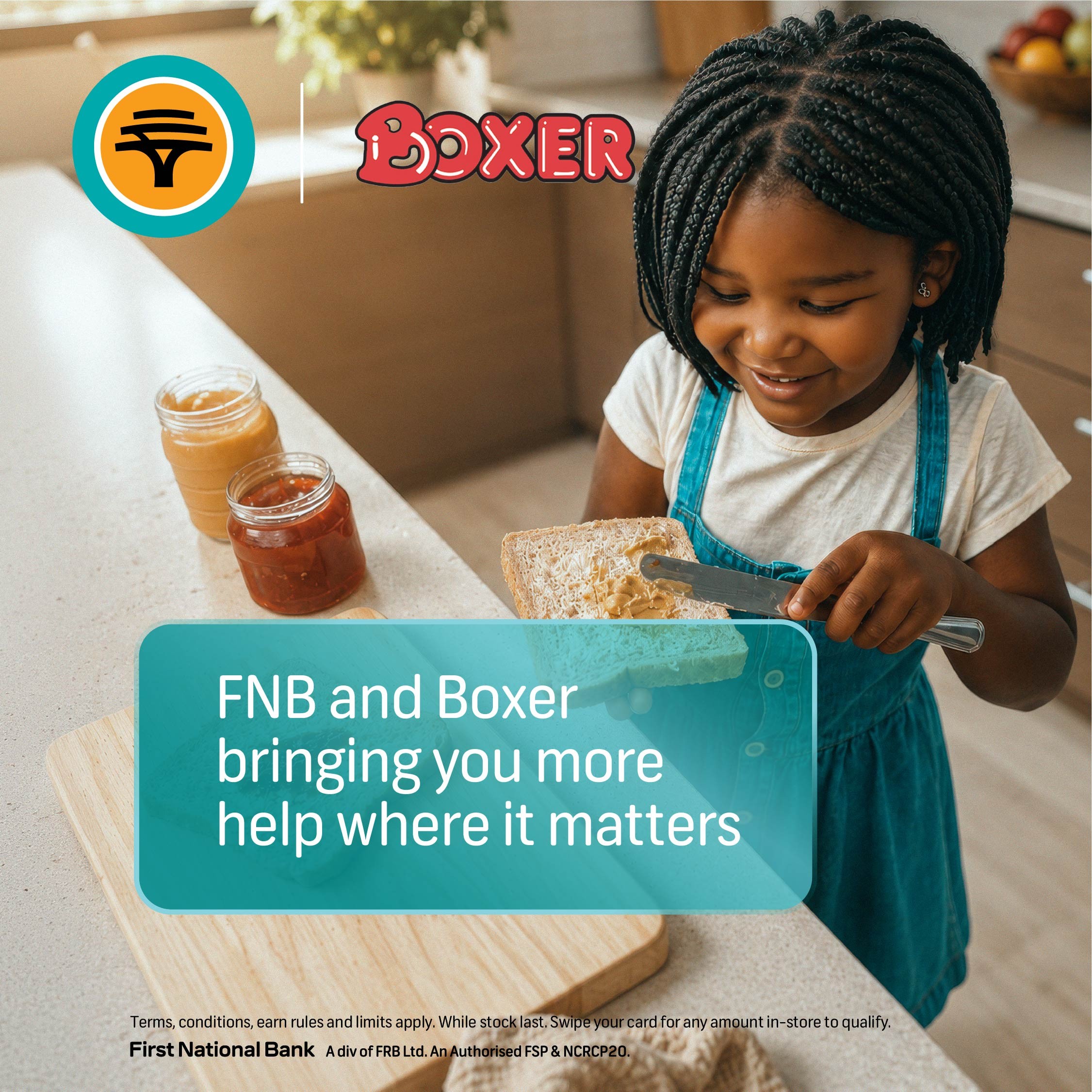 A young girl prepares a slice of bread as FNB and Boxer announce the expansion of the eBucks 99c bread benefit to help South African families save on essential groceries.