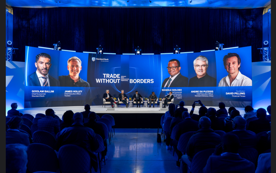 Panel discussion on cross-border trade at Africa Unlocked featuring Goolam Ballim, James Holley, Wandile Sihlobo, Andre du Plessis and moderator David Pilling.
