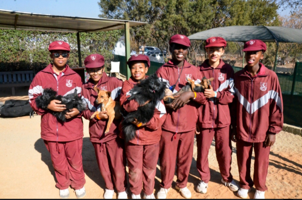 Learners in school uniforms hold rescued dogs during a visit to Woodrock Animal Rescue as part of the Mandela Day Walk of Giving.