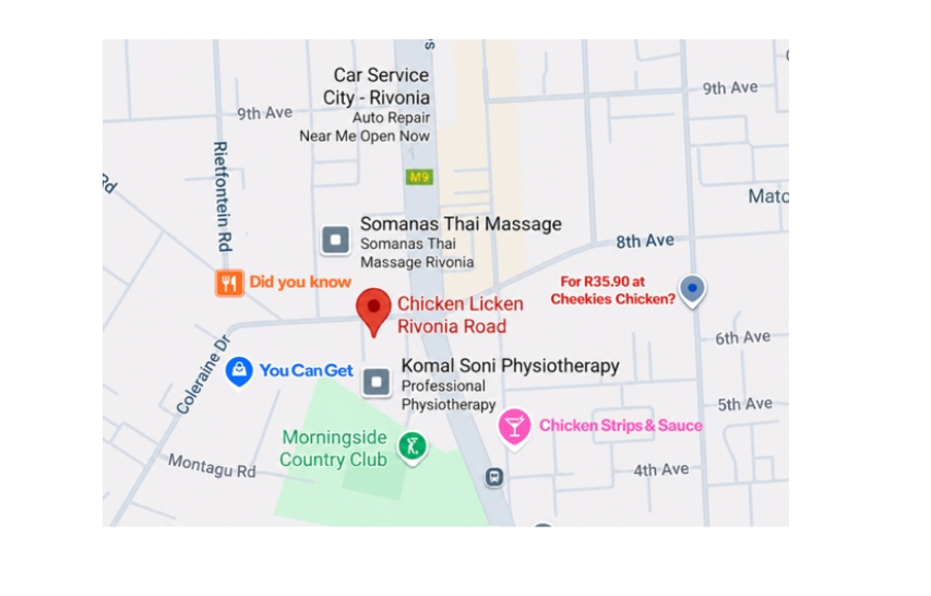 Google Maps screenshot showing Mediology's Chicken Maps campaign using creative location pins to advertise Cheekies Chicken near competing fast-food restaurants.