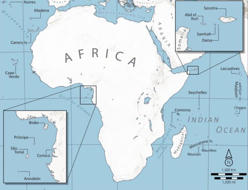 Map of Africa highlighting the continent's island economies, including Cabo Verde, Comoros, Madagascar, Mauritius, São Tomé and Príncipe and Seychelles, which are covered by AUDA-NEPAD's new island economy programme.