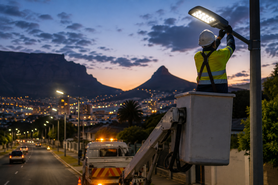City of Cape Town worker repairing an LED streetlight at dusk with Table Mountain and the city skyline in the background.