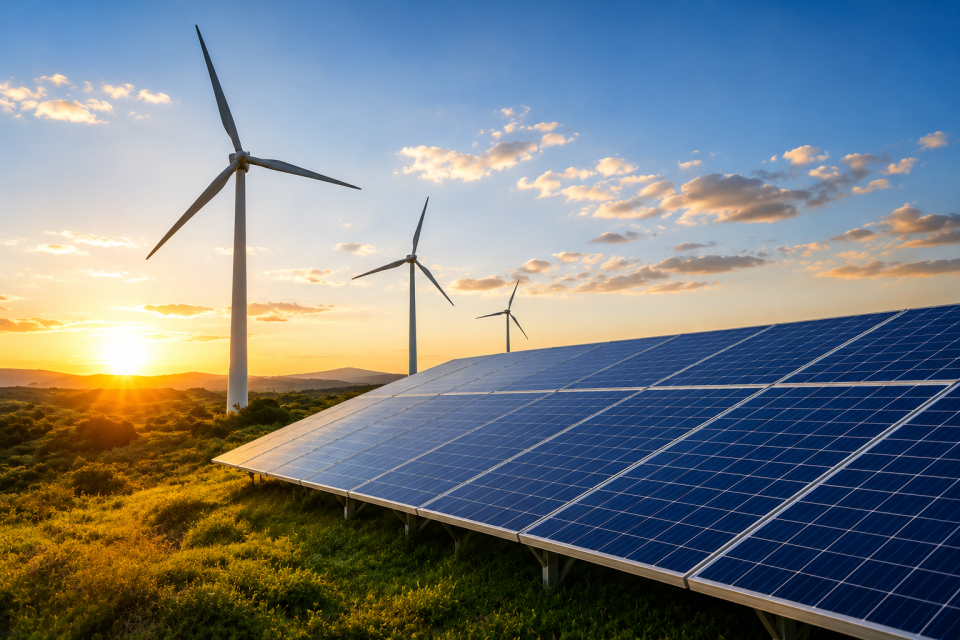 Solar panels and wind turbines generating renewable energy across a green landscape at sunset.