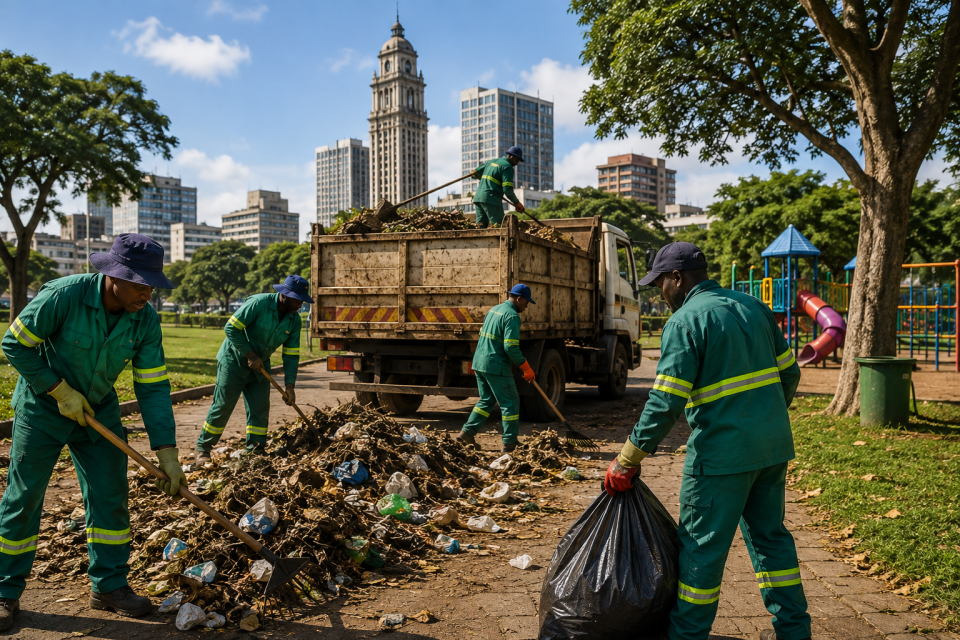 Municipal workers clean and restore a public park as part of an inner-city urban renewal initiative.