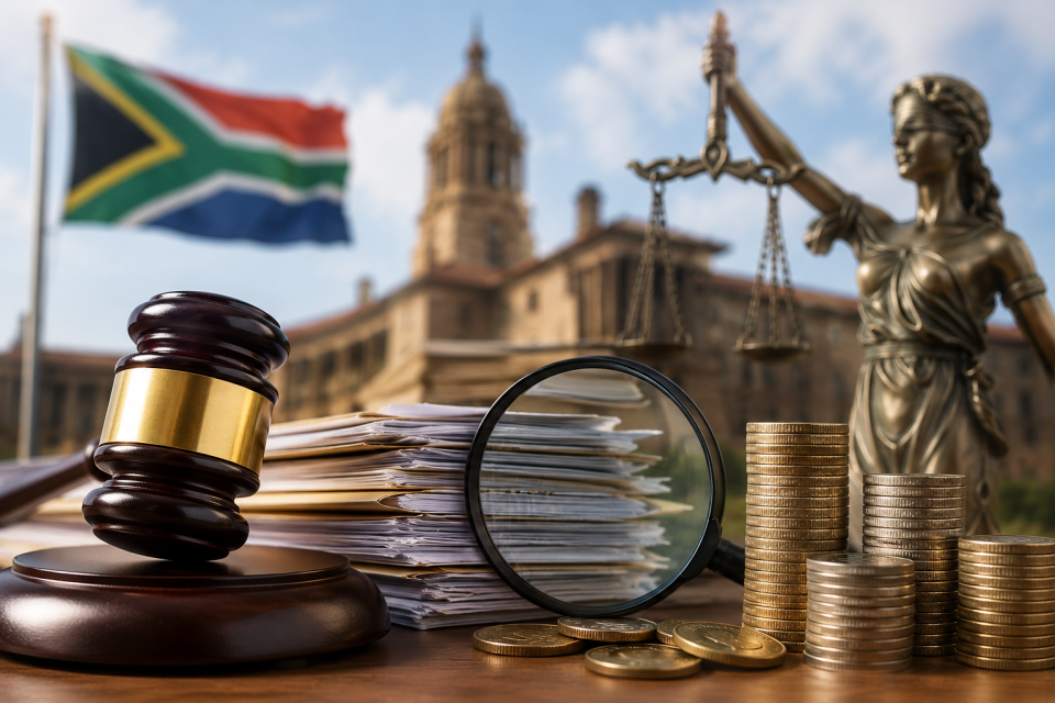 Gavel, investigation files, magnifying glass and stacks of coins with the South African flag and Lady Justice in the background.