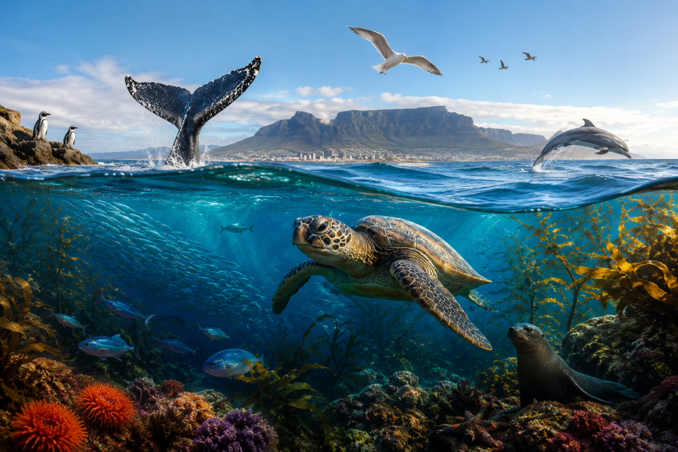 A sea turtle swims beneath the ocean surface as a whale, dolphin, penguins and seabirds highlight South Africa's rich marine biodiversity against the backdrop of Table Mountain.