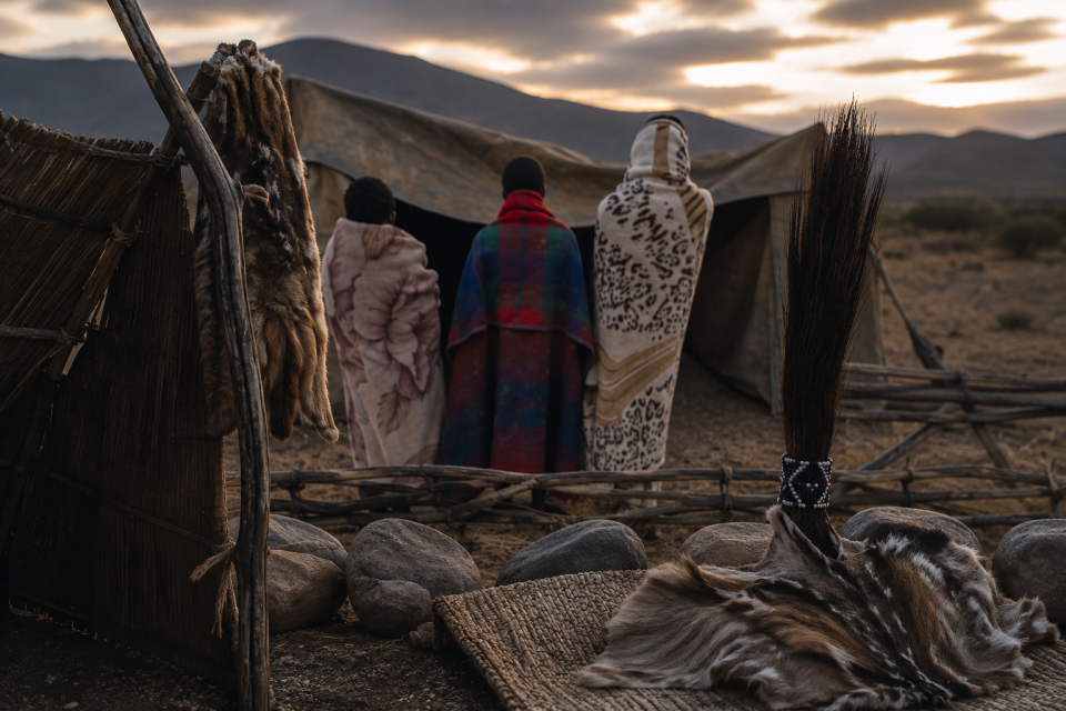 Three initiates wrapped in traditional blankets stand with their backs to the camera outside a rural initiation camp, symbolising cultural tradition and community.