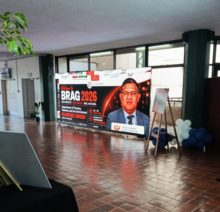 BRAG 2026 welcome display at the University of Johannesburg featuring Deputy Minister Narend Singh on the opening day of the summit.