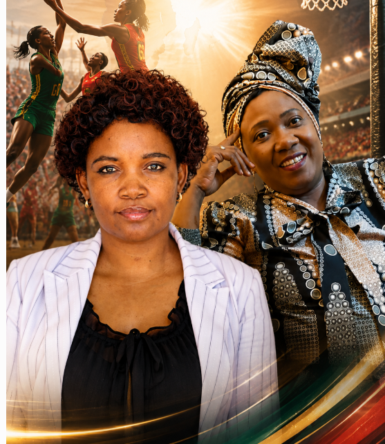 Africa Netball leaders Martha Lungu-Sichone and Malebo Raditladi-Nkgakile featured alongside netball players and a netball court.